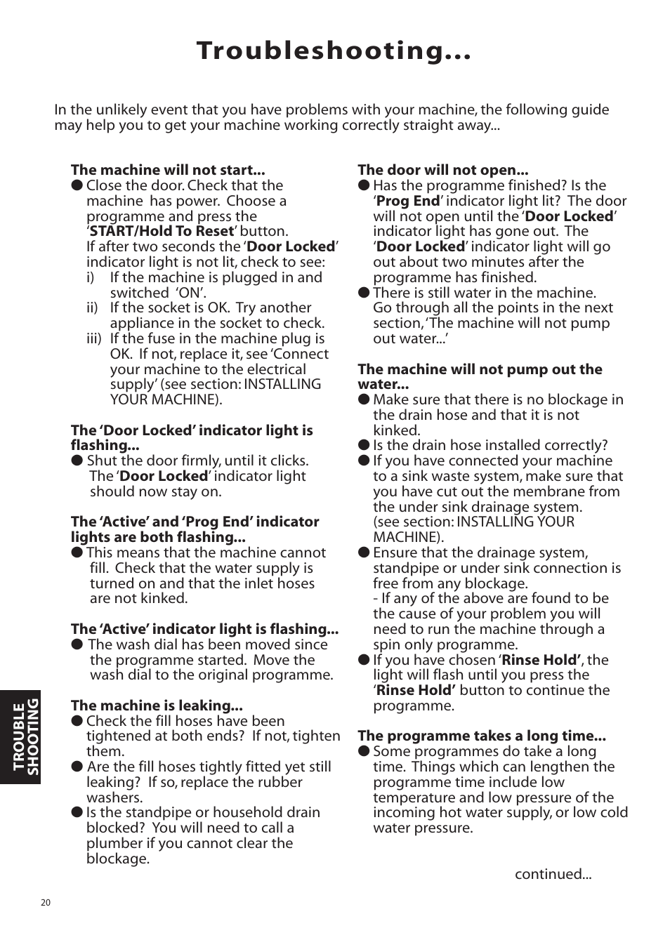 Troubleshooting | Hotpoint WMA11 User Manual | Page 20 / 24