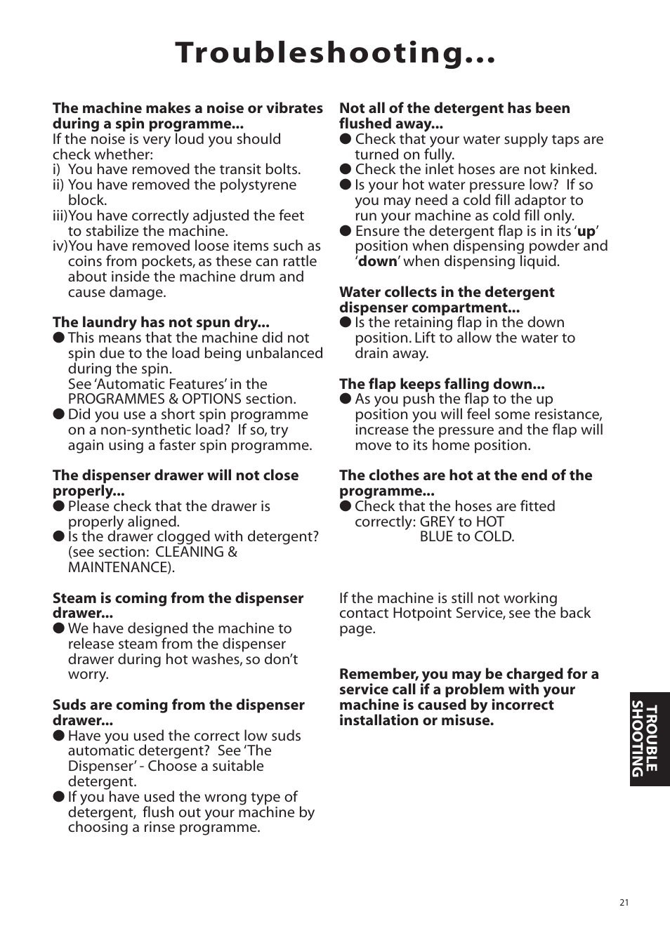 Troubleshooting | Hotpoint WMA11 User Manual | Page 21 / 24