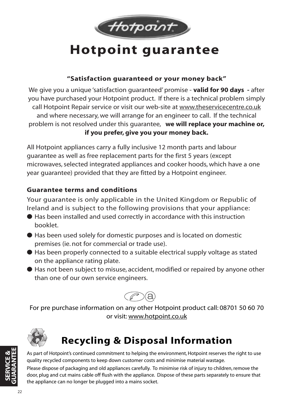 Hotpoint guarantee, Recycling & disposal information | Hotpoint WMA11 User Manual | Page 22 / 24