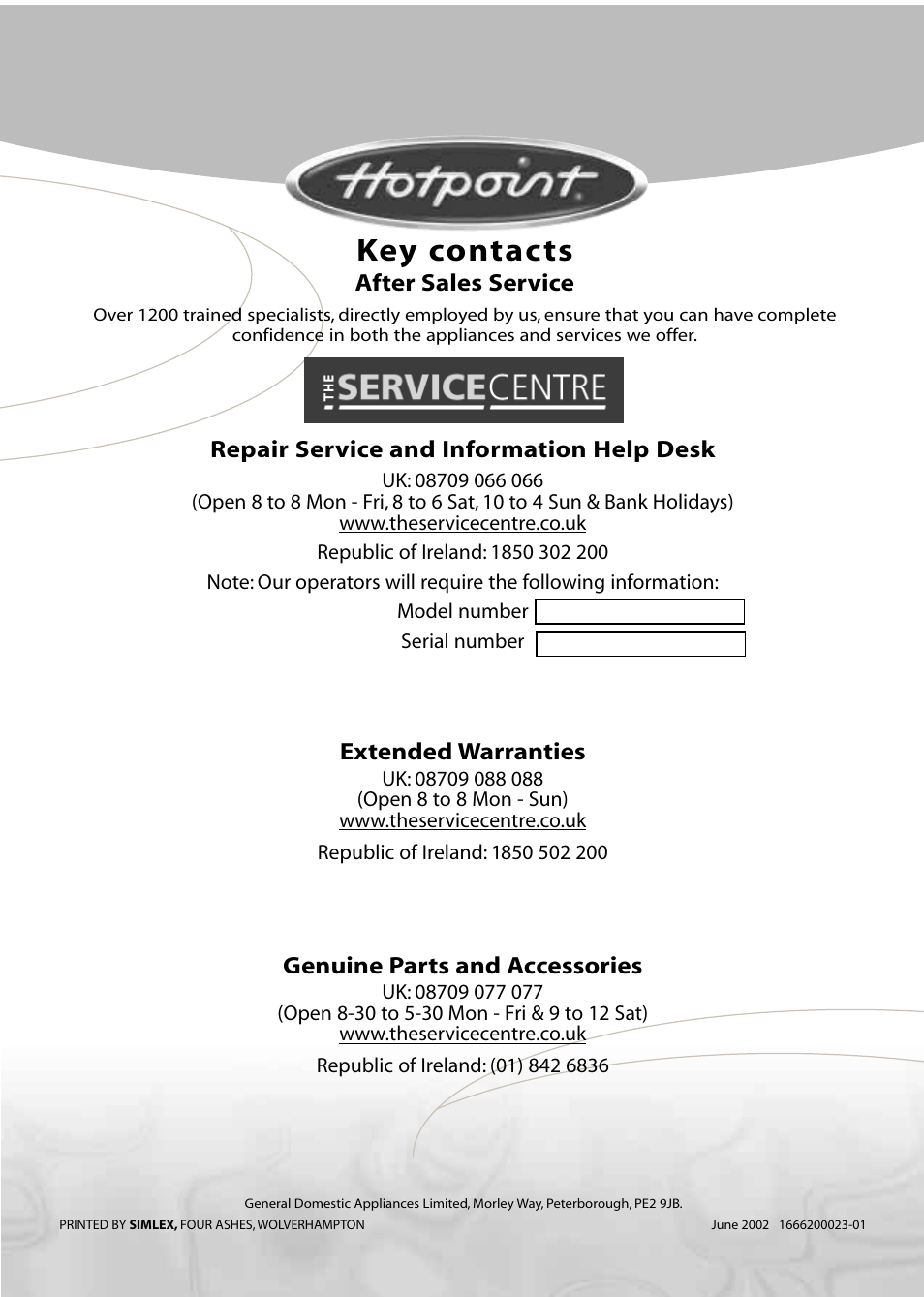 Key contacts | Hotpoint WMA11 User Manual | Page 24 / 24