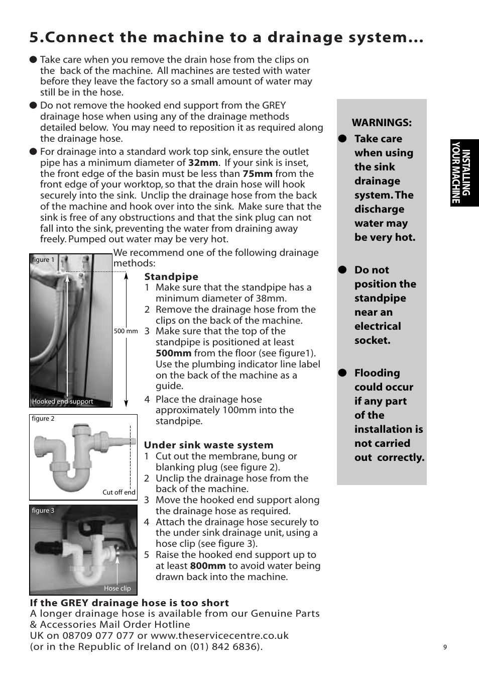 Connect the machine to a drainage system | Hotpoint WMA11 User Manual | Page 9 / 24