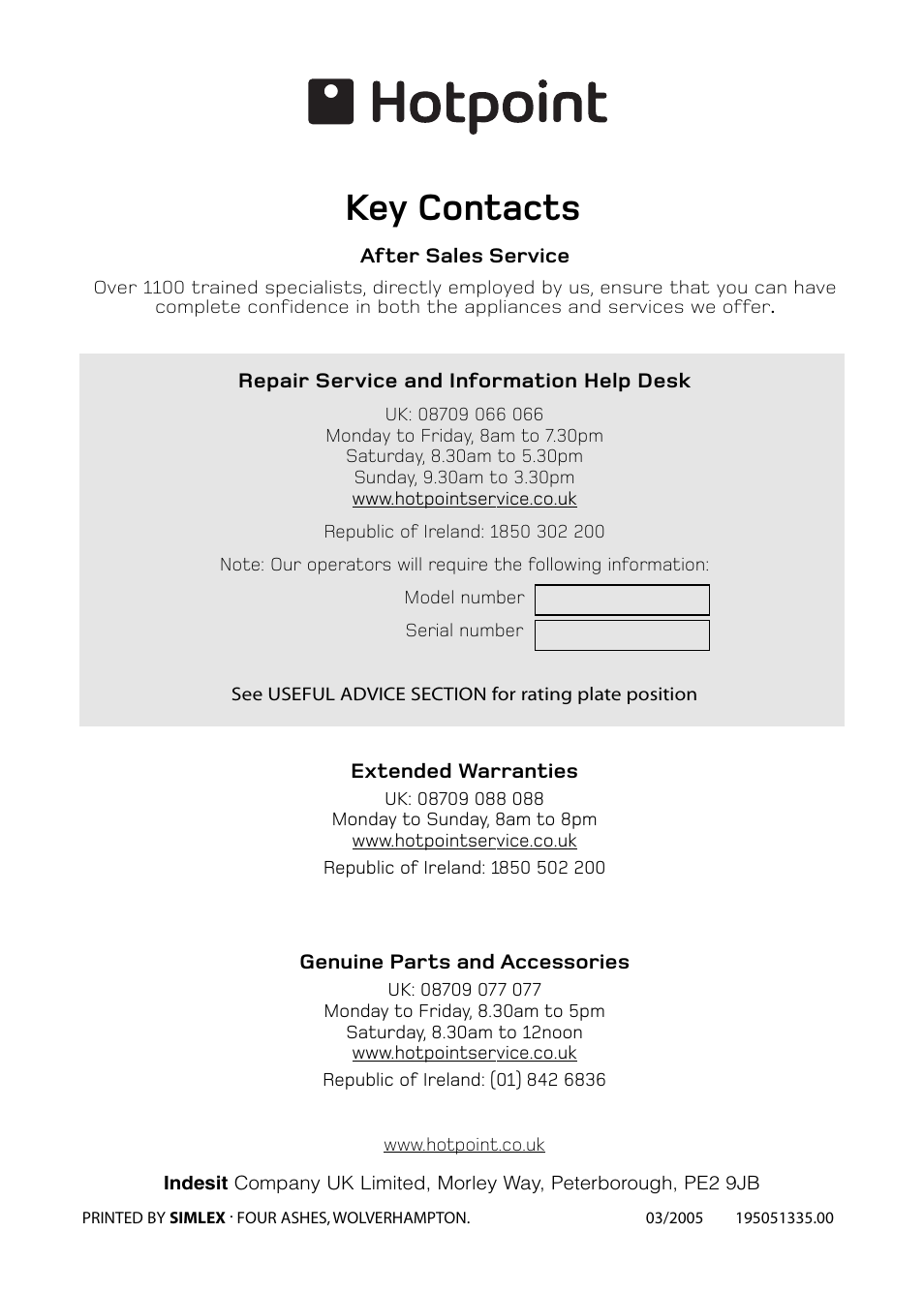 Key contacts | Hotpoint FZA34 User Manual | Page 20 / 20