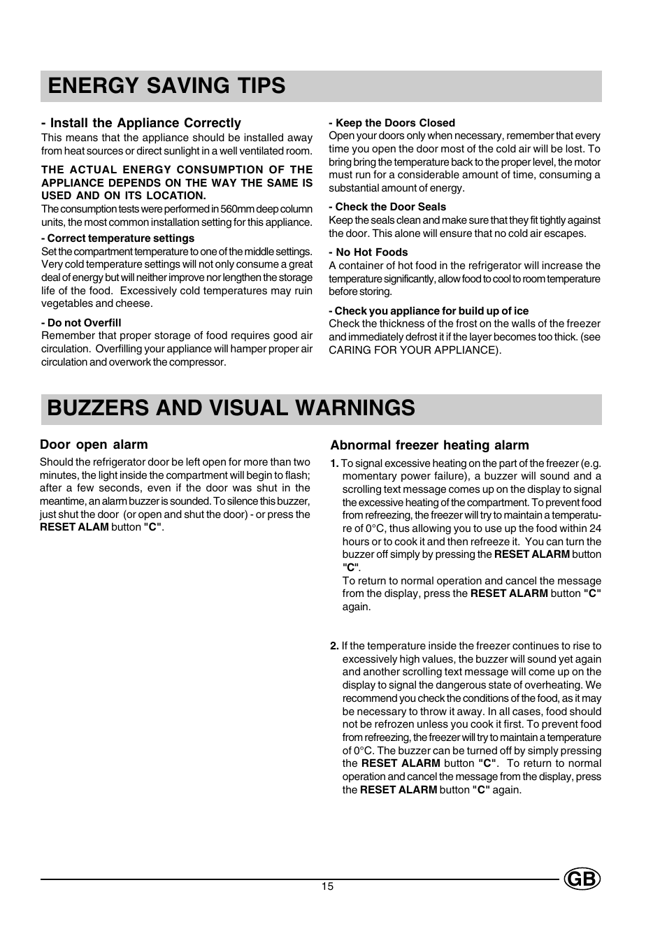 Energy saving tips, Buzzers and visual warnings | Hotpoint HMT40 User Manual | Page 15 / 20