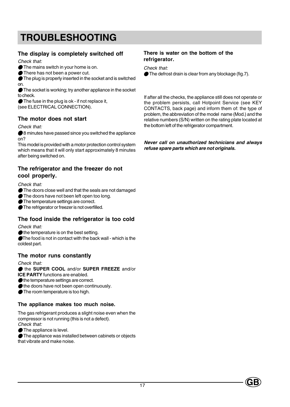 Troubleshooting | Hotpoint HMT40 User Manual | Page 17 / 20