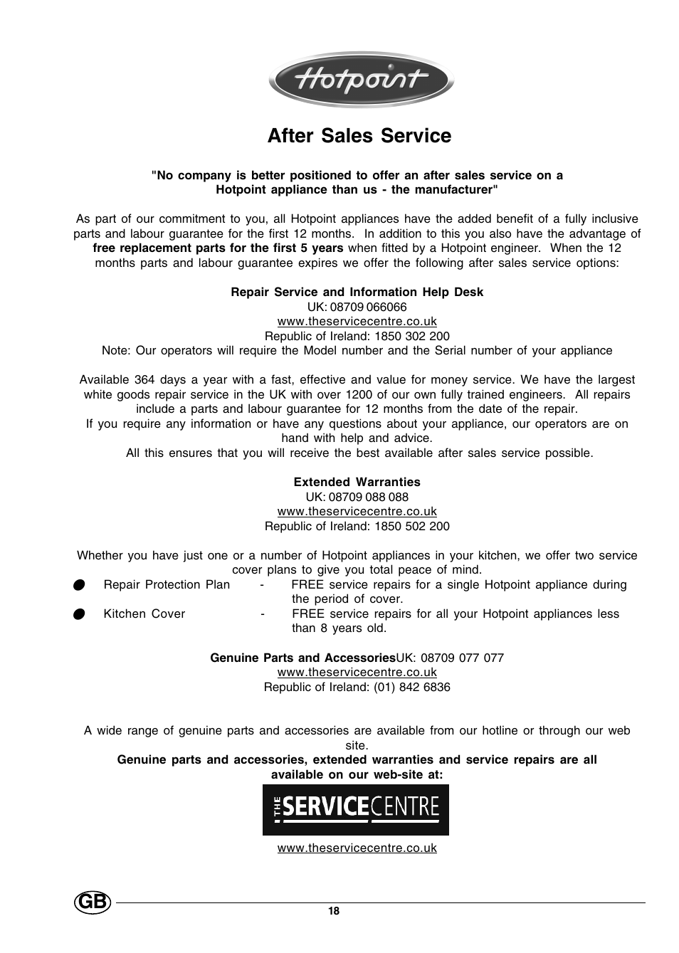 After sales service | Hotpoint HMT40 User Manual | Page 18 / 20