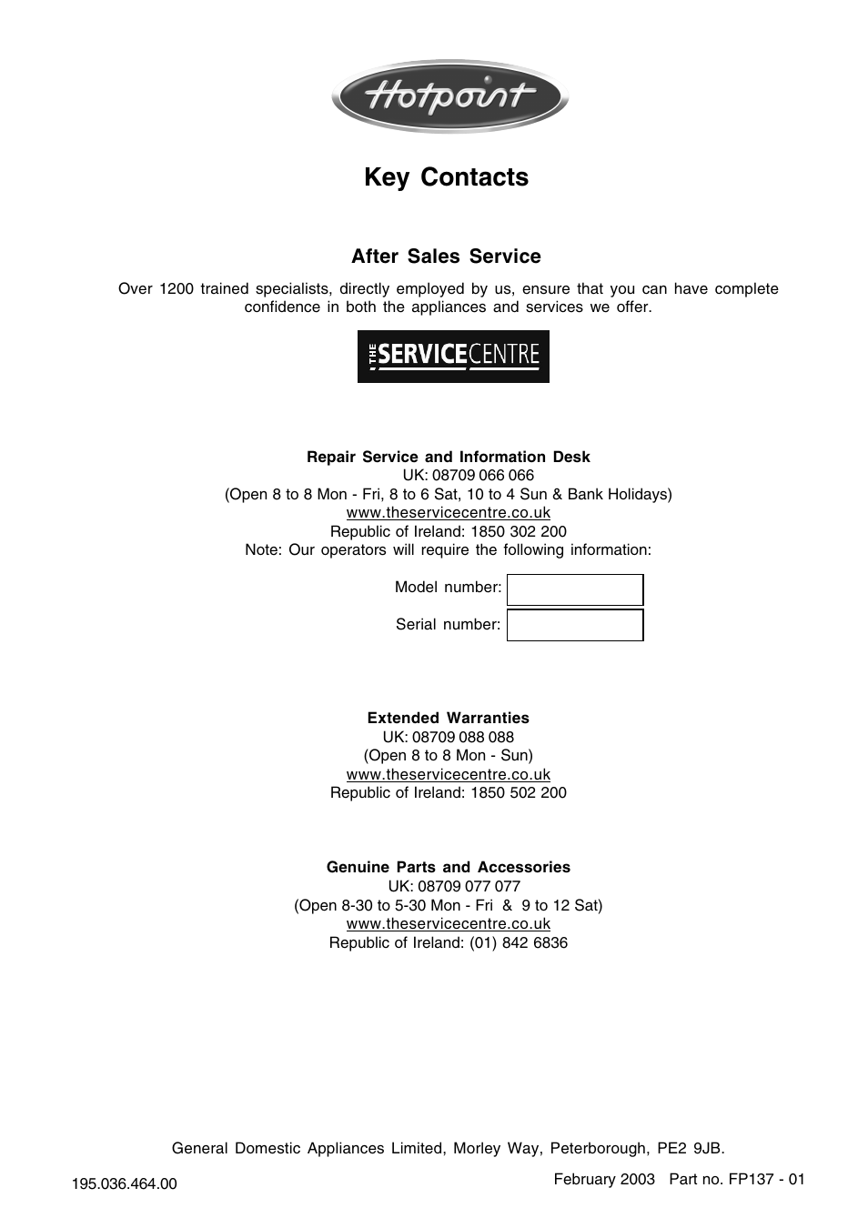 Key contacts | Hotpoint HMT40 User Manual | Page 20 / 20