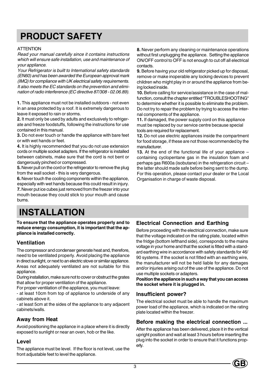 Product safety, Installation | Hotpoint HMT40 User Manual | Page 3 / 20