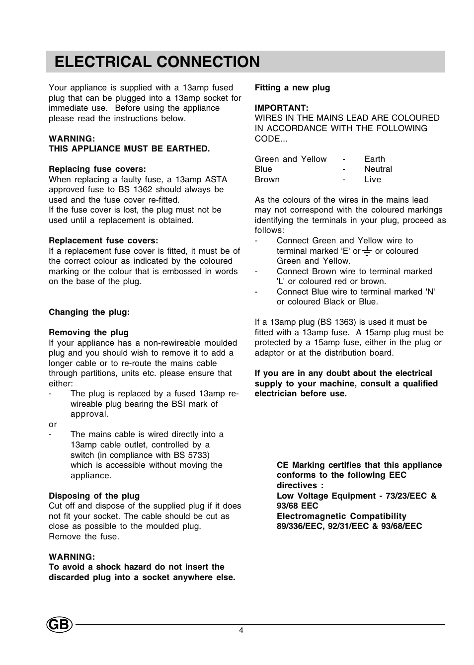 Electrical connection | Hotpoint HMT40 User Manual | Page 4 / 20