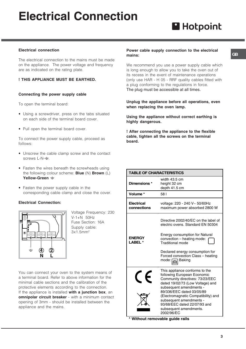 Electrical connection | Hotpoint SQ892I User Manual | Page 3 / 16