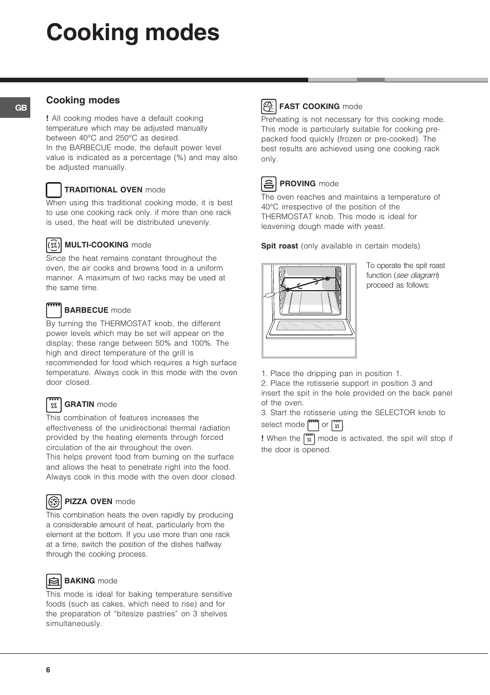 Cooking modes | Hotpoint SQ892I User Manual | Page 6 / 16
