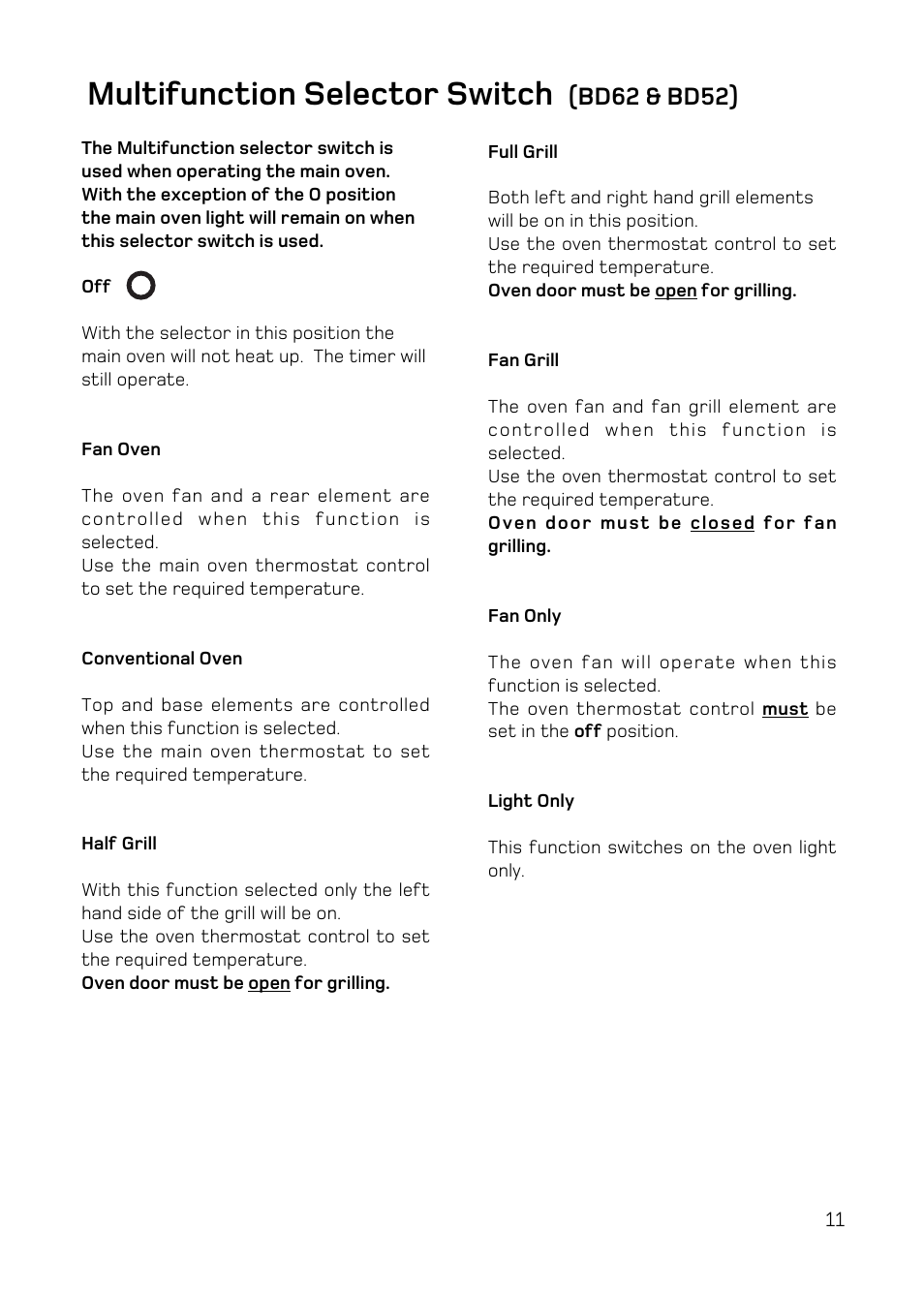 Multifunction selector switch, Bd62 & bd52) | Hotpoint DQ47 Mk2 User Manual | Page 11 / 48