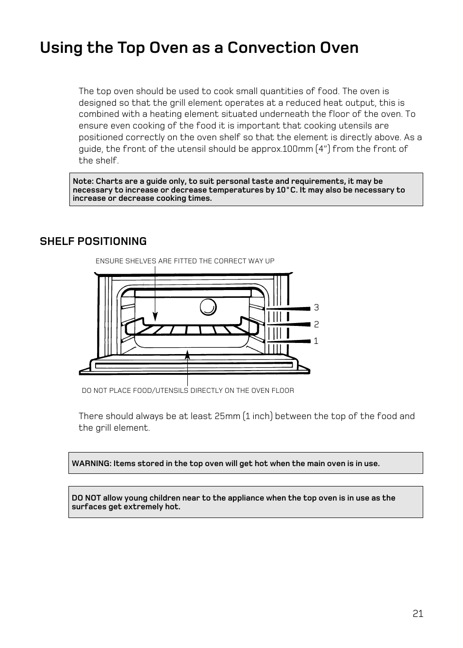 Using the top oven as a convection oven, Shelf positioning | Hotpoint DQ47 Mk2 User Manual | Page 21 / 48