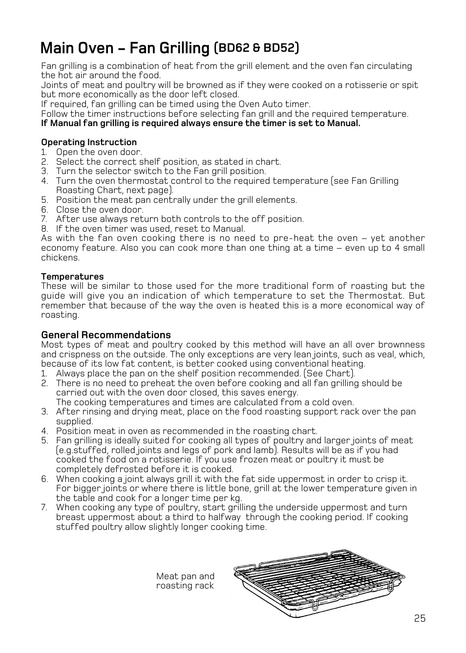 Main oven - fan grilling, Bd62 & bd52) | Hotpoint DQ47 Mk2 User Manual | Page 25 / 48
