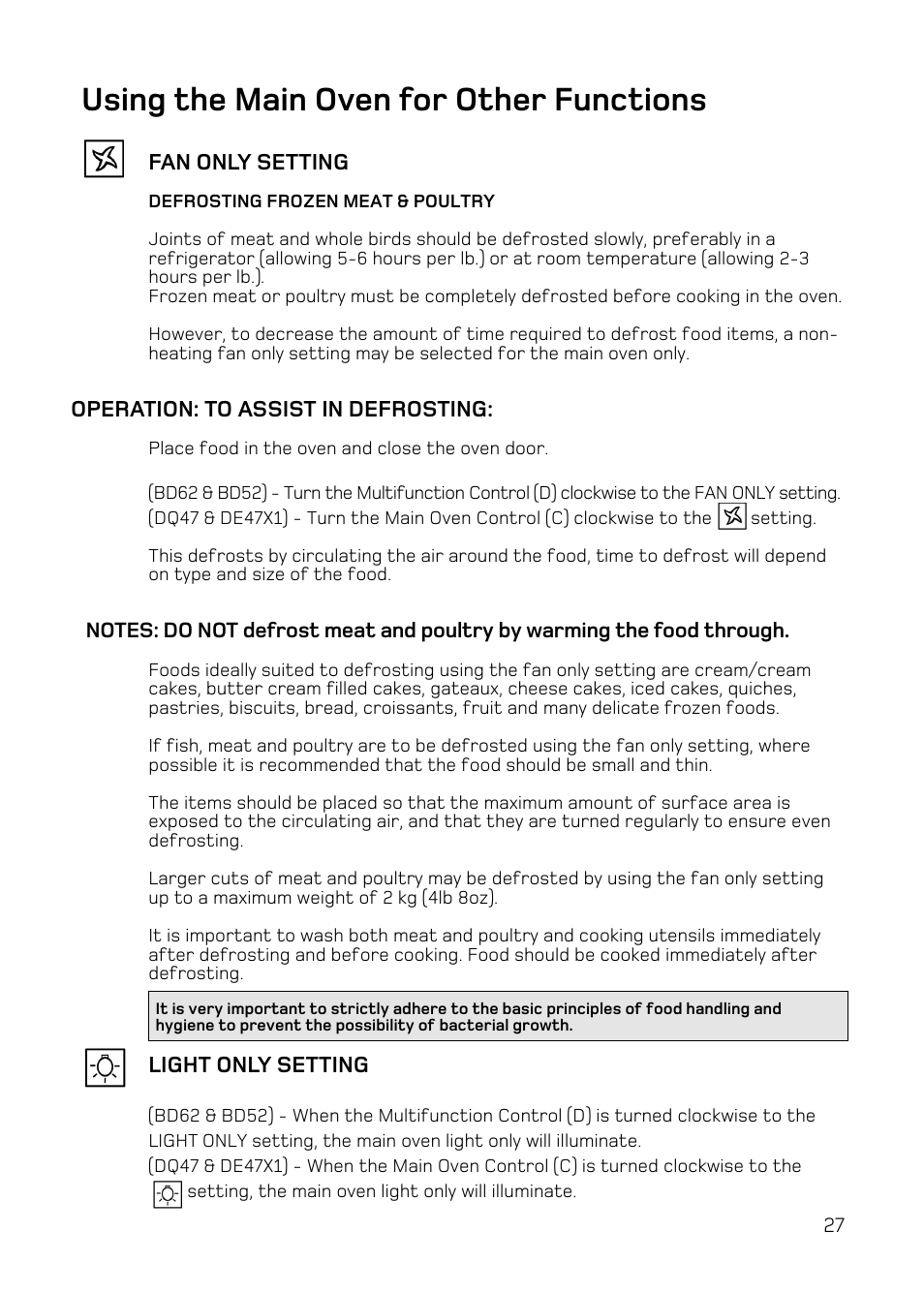 Using the main oven for other functions | Hotpoint DQ47 Mk2 User Manual | Page 27 / 48