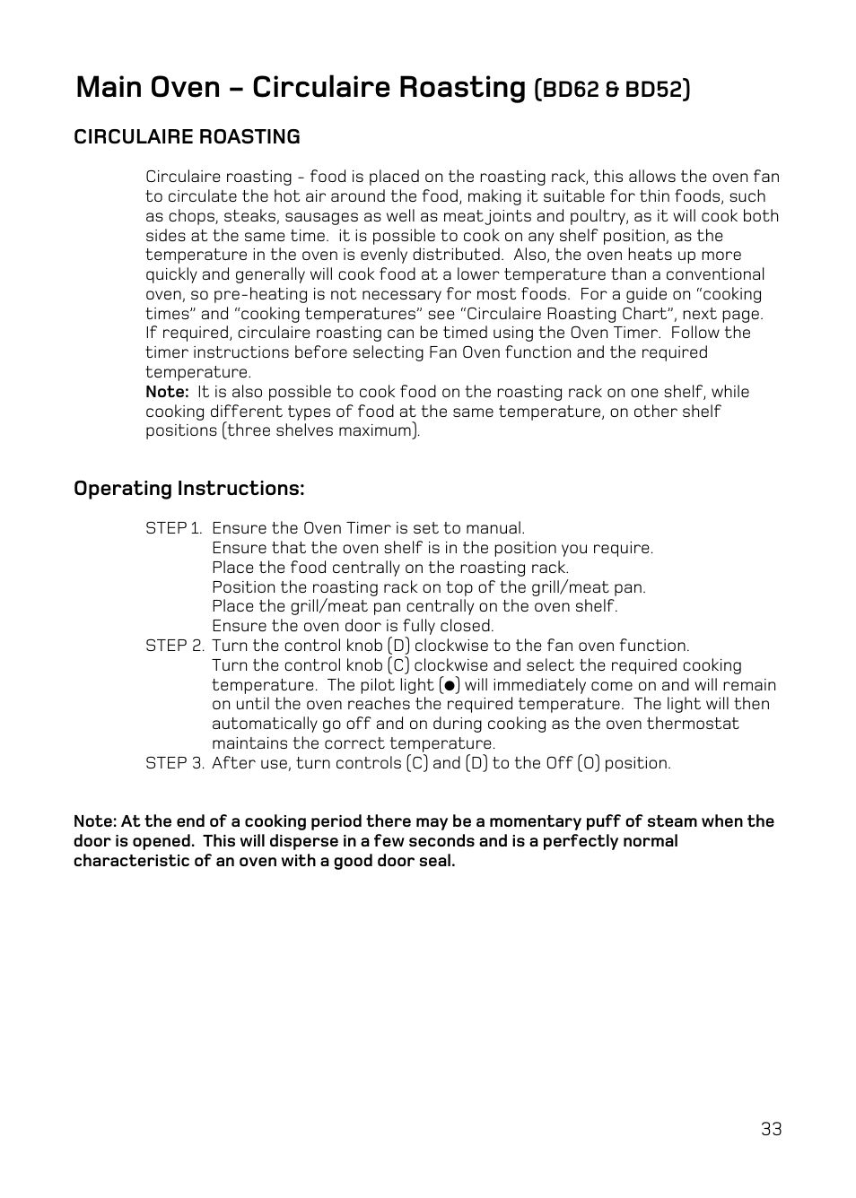 Main oven - circulaire roasting, Bd62 & bd52) | Hotpoint DQ47 Mk2 User Manual | Page 33 / 48