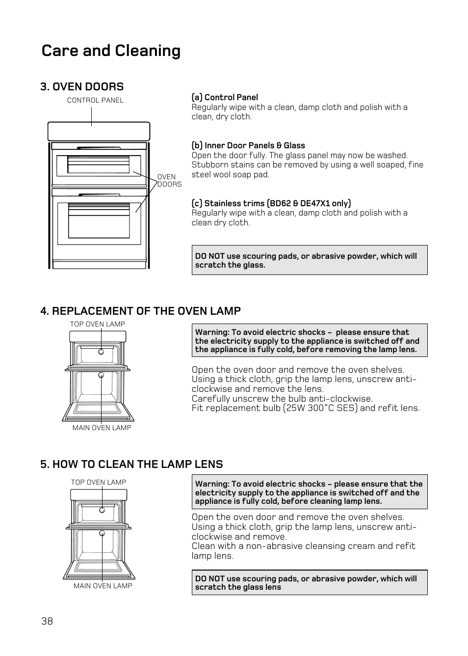 Care and cleaning, Oven doors, Replacement of the oven lamp | How to clean the lamp lens | Hotpoint DQ47 Mk2 User Manual | Page 38 / 48