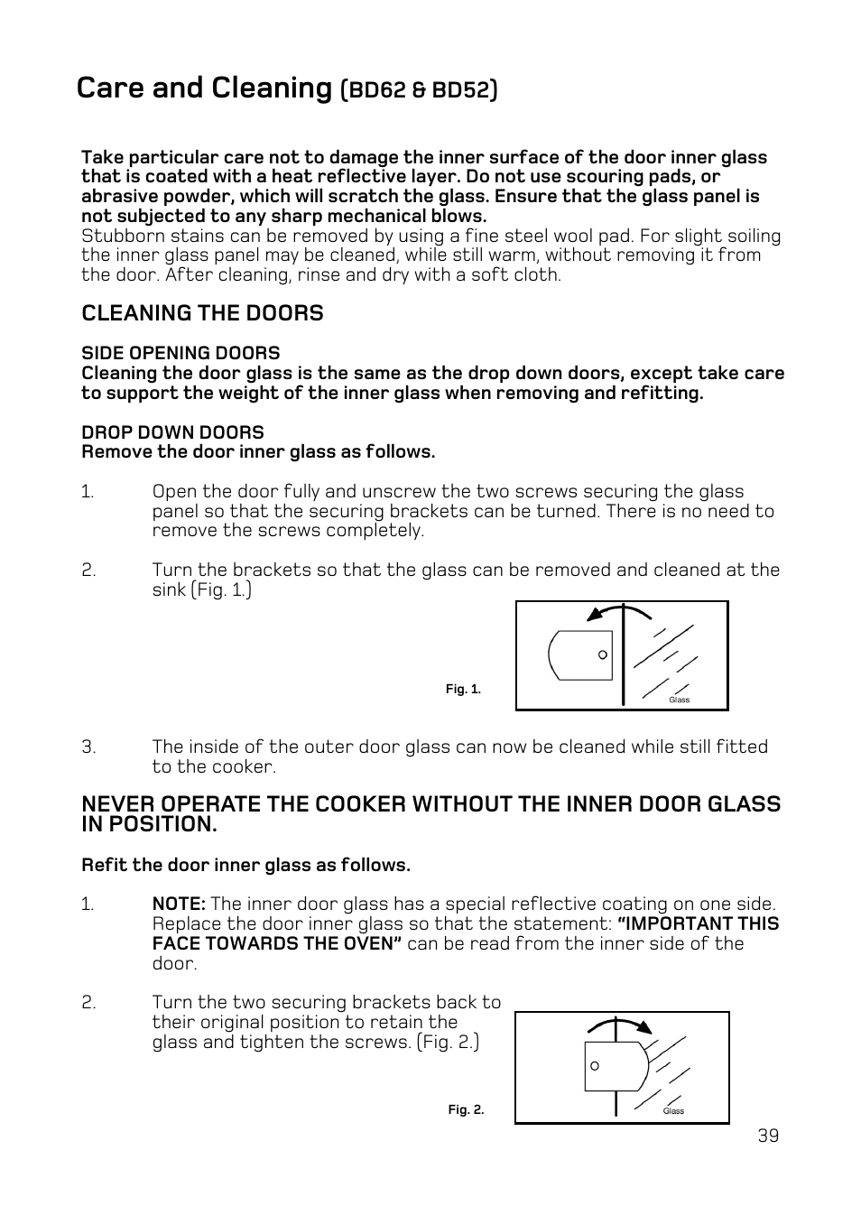 Care and cleaning, Bd62 & bd52), Cleaning the doors | Hotpoint DQ47 Mk2 User Manual | Page 39 / 48