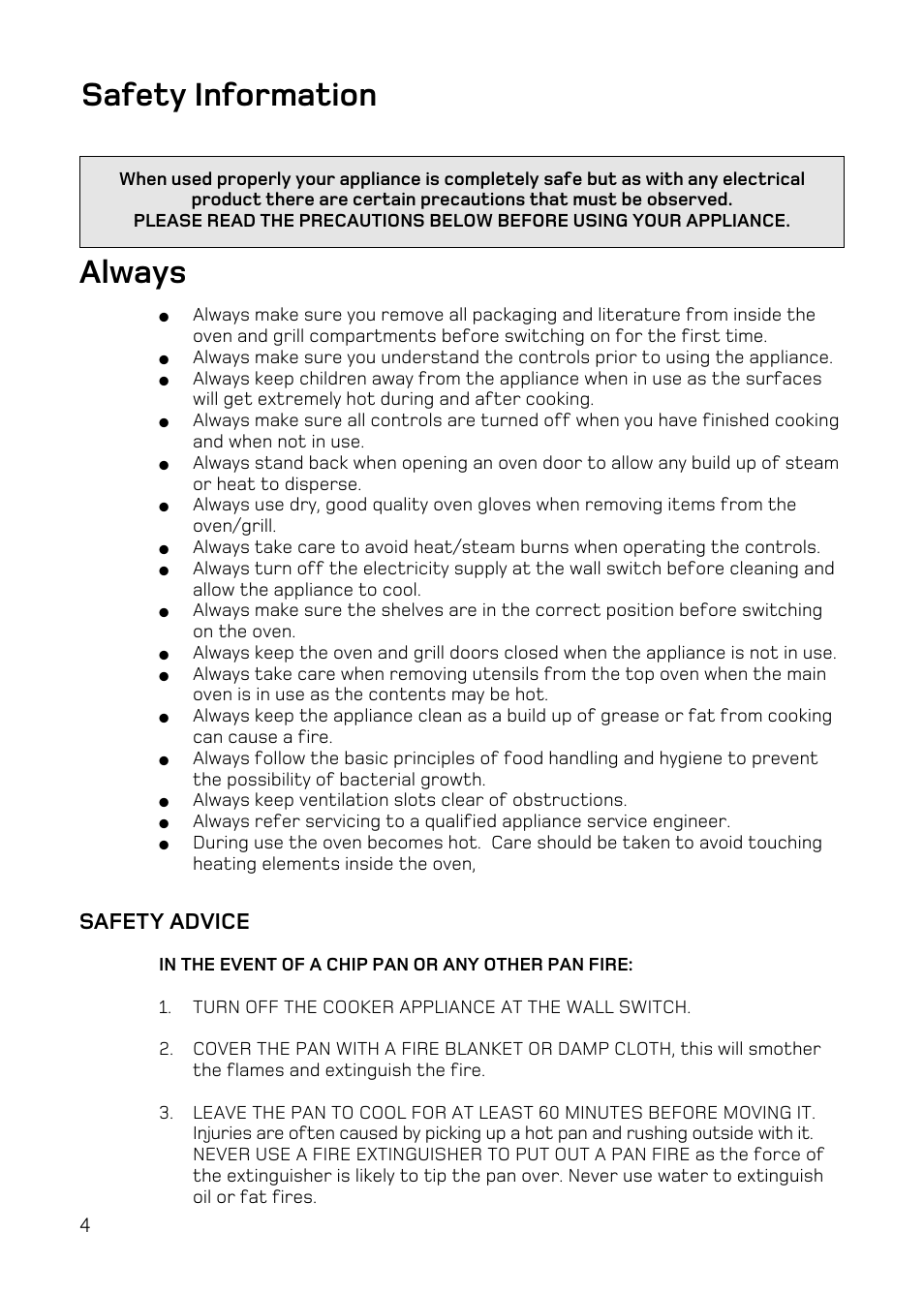 Always, Safety information, Safety advice | Hotpoint DQ47 Mk2 User Manual | Page 4 / 48