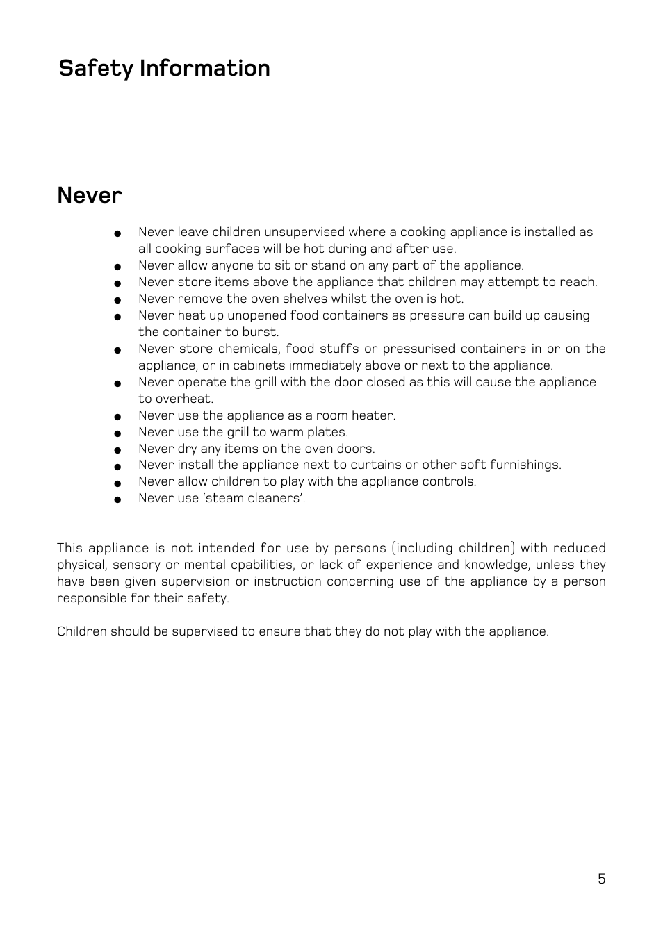 Never, Safety information | Hotpoint DQ47 Mk2 User Manual | Page 5 / 48