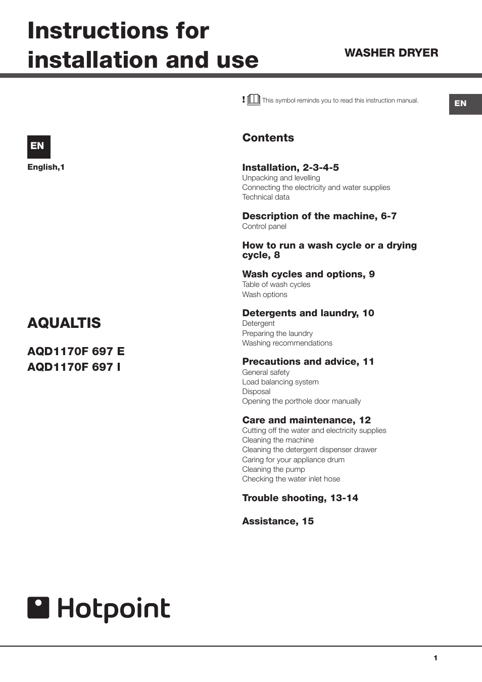 Hotpoint WASHER DRYER AQUALTIS AQD1170F User Manual | 16 pages