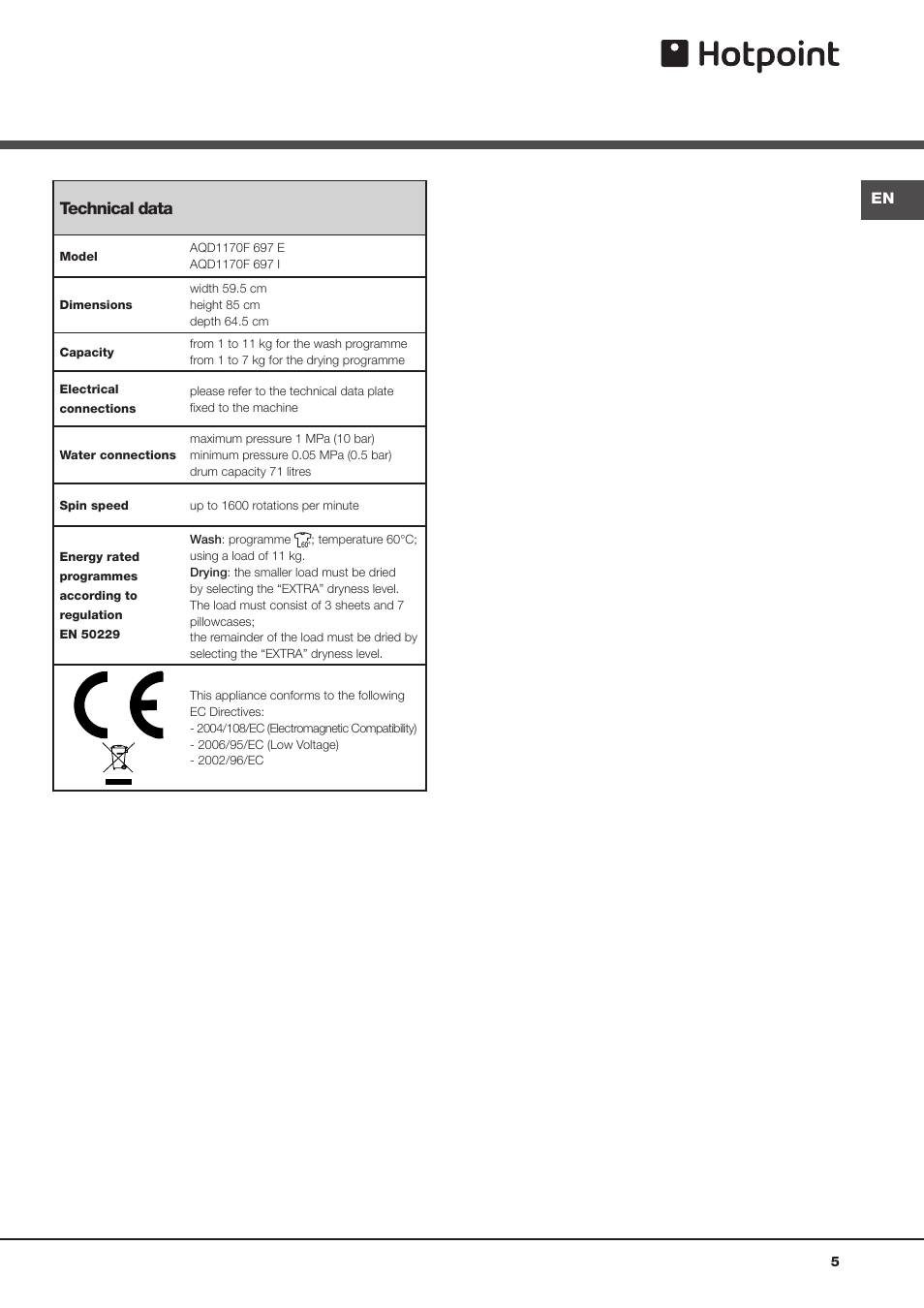 Technical data | Hotpoint WASHER DRYER AQUALTIS AQD1170F User Manual | Page 5 / 16