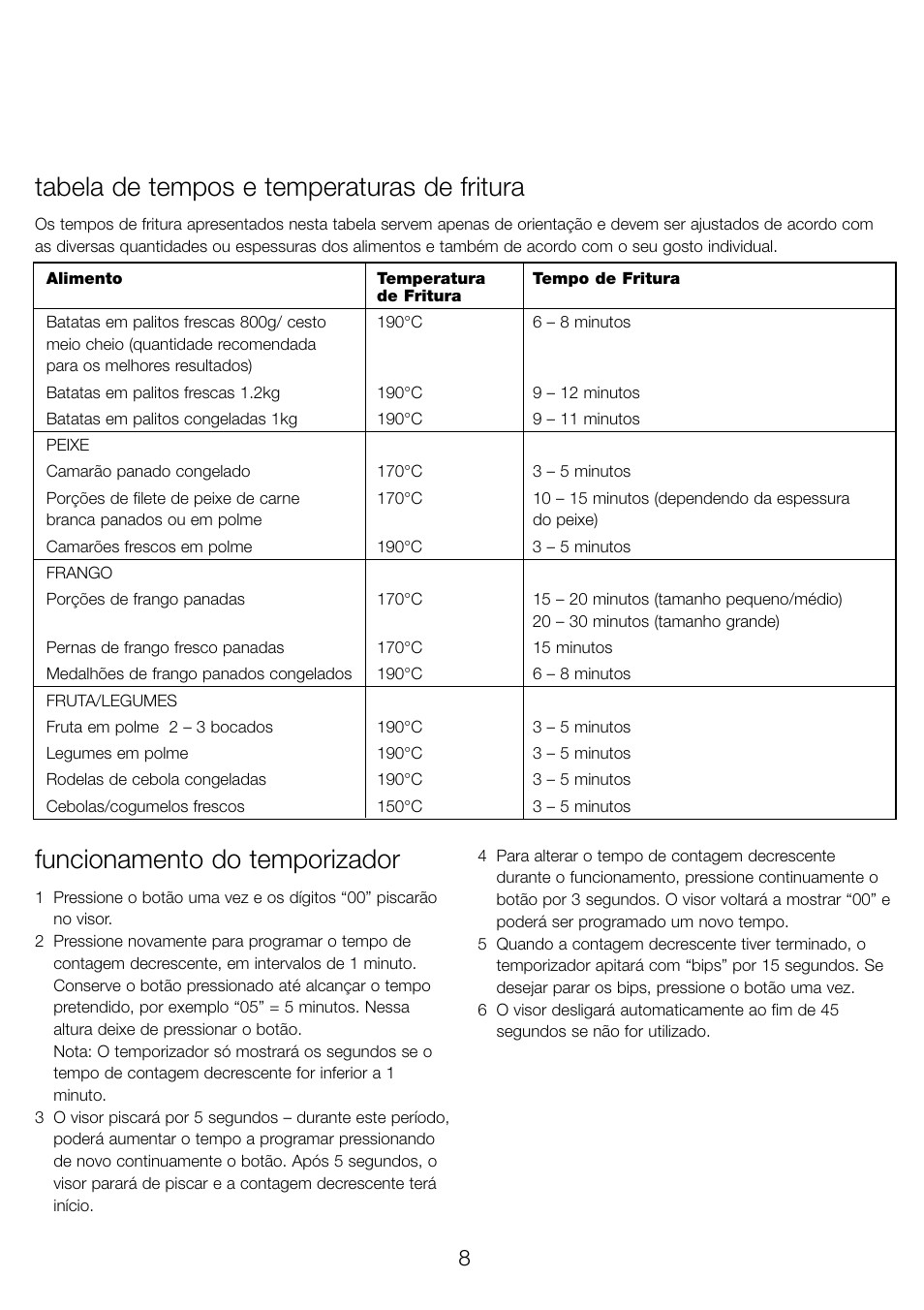 Tabela de tempos e temperaturas de fritura, Funcionamento do temporizador | Kenwood DF520 User Manual | Page 11 / 52