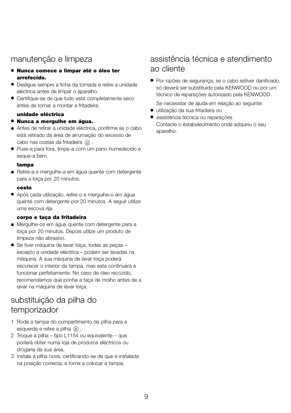 Manutenção e limpeza, Substituição da pilha do temporizador, Assistência técnica e atendimento ao cliente | Kenwood DF520 User Manual | Page 12 / 52