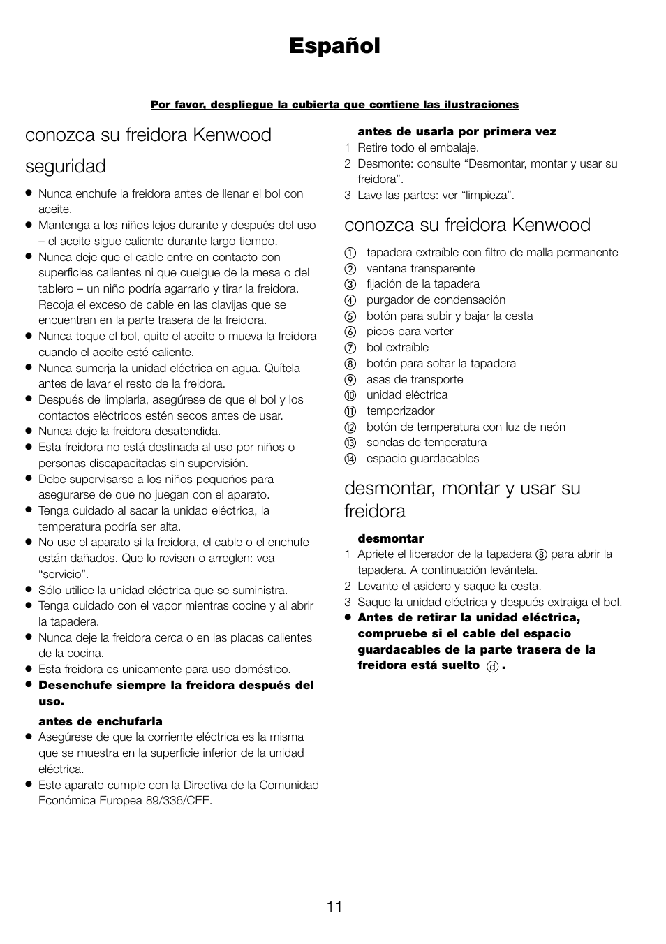 Español, Conozca su freidora kenwood seguridad, Conozca su freidora kenwood | Desmontar, montar y usar su freidora | Kenwood DF520 User Manual | Page 14 / 52