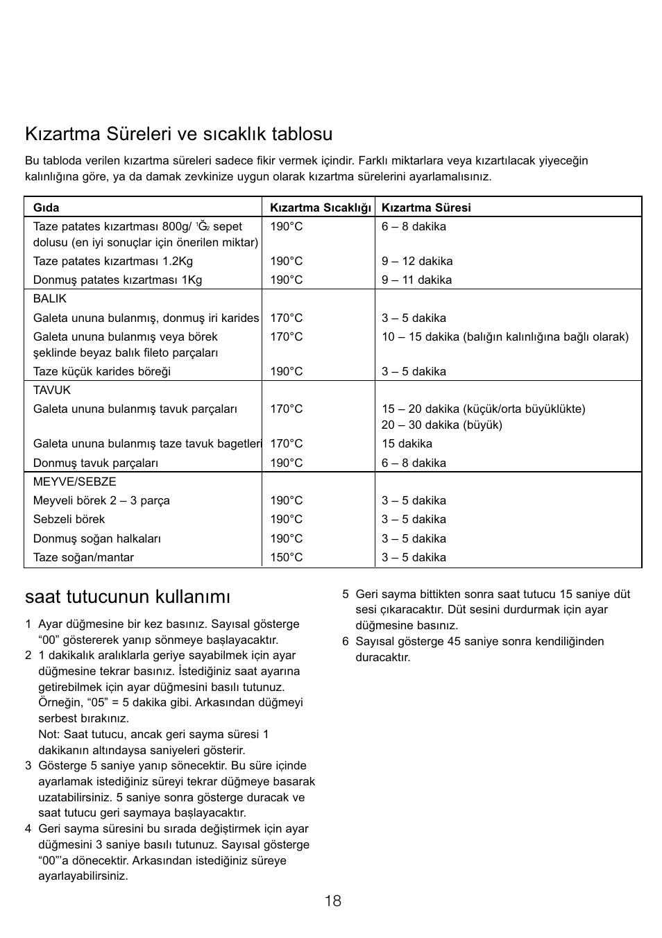 Kızartma süreleri ve sıcaklık tablosu, Saat tutucunun kullanımı | Kenwood DF520 User Manual | Page 21 / 52