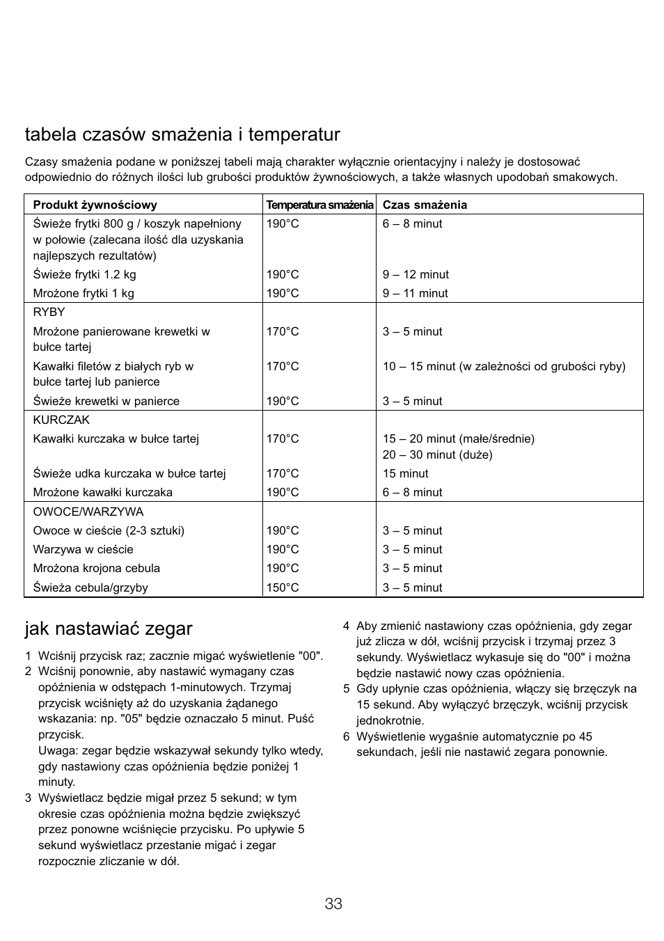 Tabela czasów smażenia i temperatur, Jak nastawiaç zegar | Kenwood DF520 User Manual | Page 36 / 52