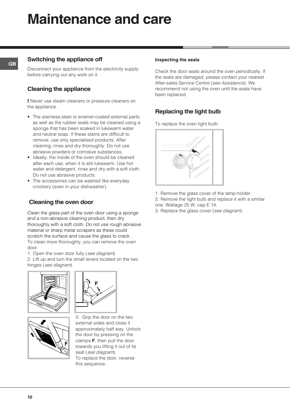 Maintenance and care | Hotpoint SY56X/1 User Manual | Page 10 / 12