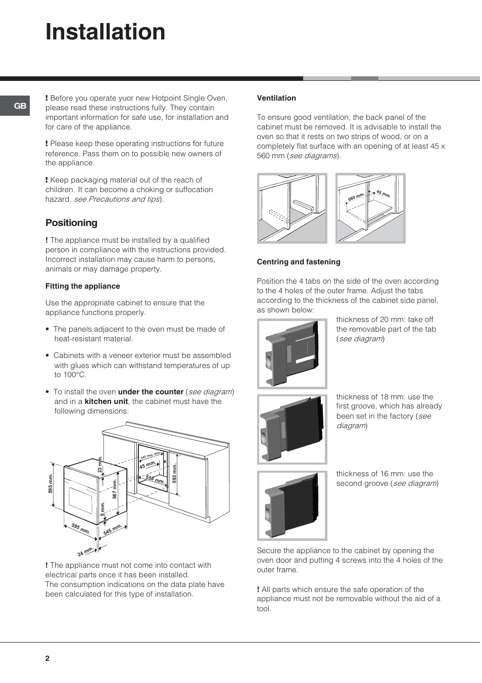 Installation, Positioning | Hotpoint SY56X/1 User Manual | Page 2 / 12