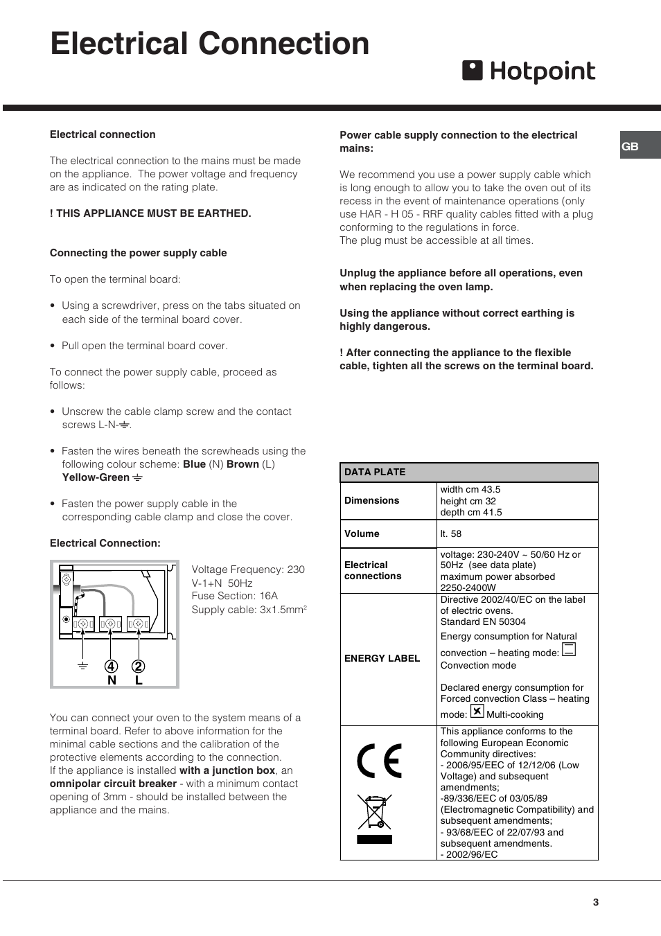 Electrical connection | Hotpoint SY56X/1 User Manual | Page 3 / 12