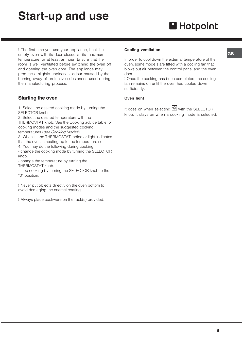 Start-up and use | Hotpoint SY56X/1 User Manual | Page 5 / 12