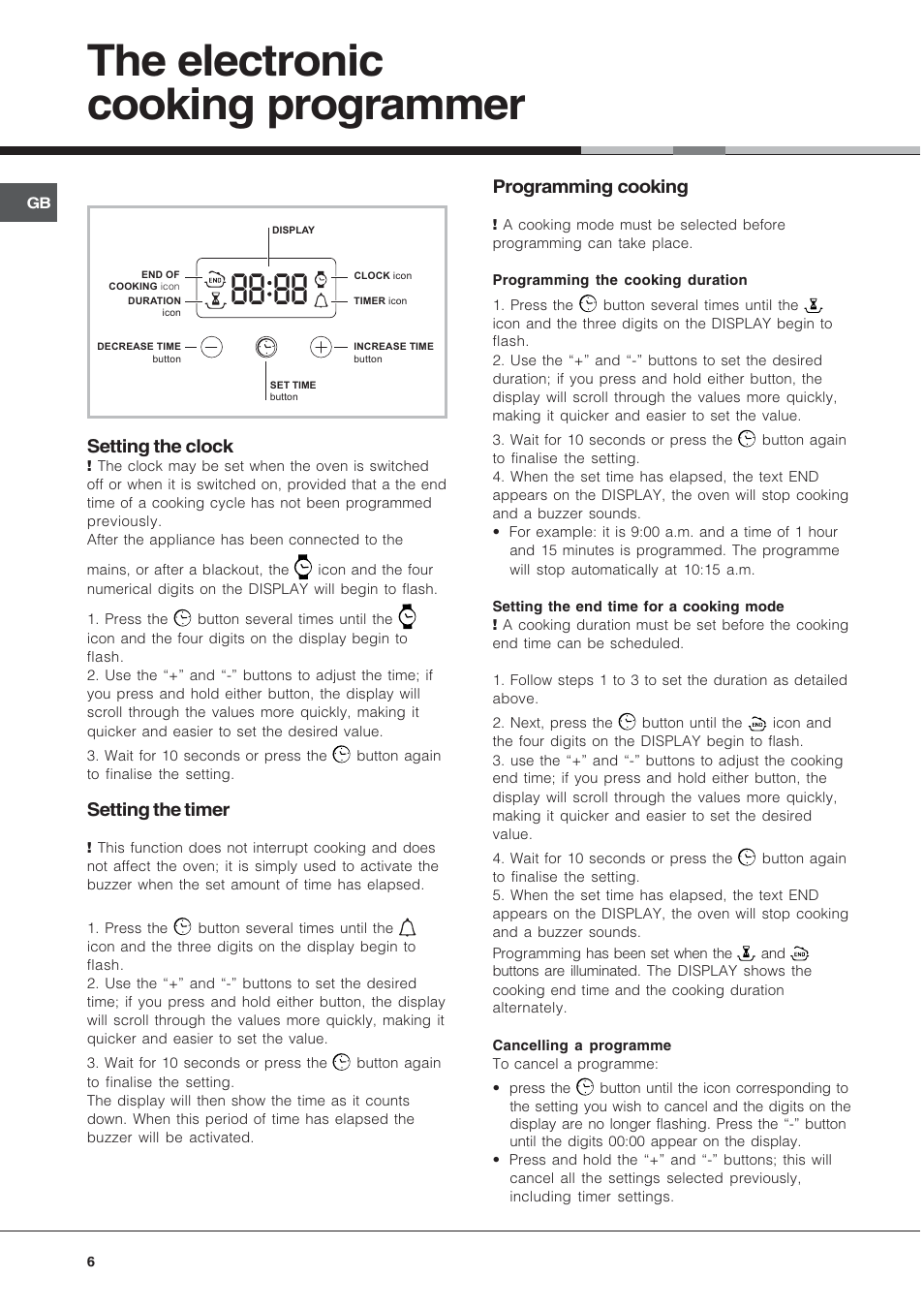 The electronic cooking programmer, Setting the clock, Setting the timer | Programming cooking | Hotpoint SY56X/1 User Manual | Page 6 / 12