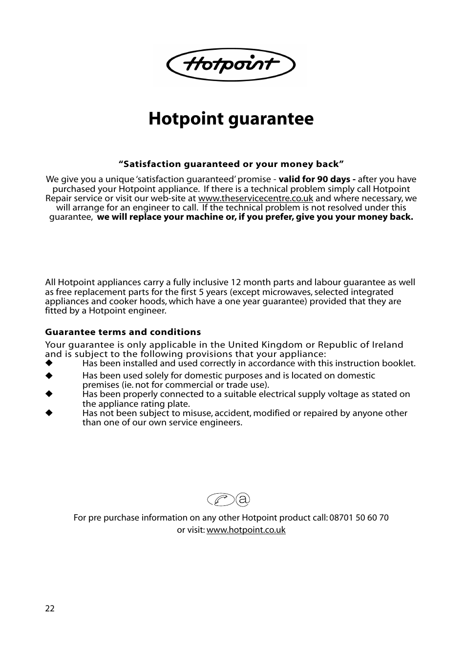 Hotpoint guarantee | Hotpoint BE82 User Manual | Page 22 / 24