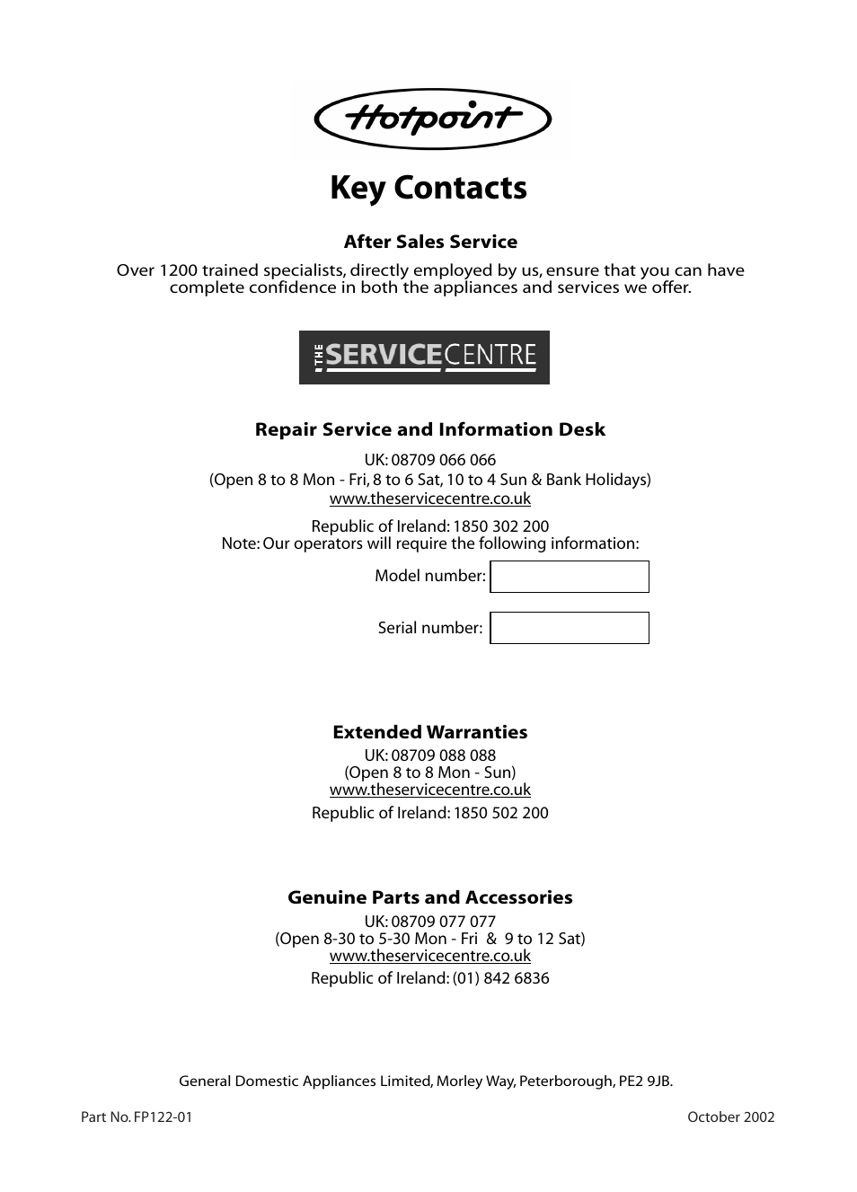 Key contacts | Hotpoint BE82 User Manual | Page 24 / 24