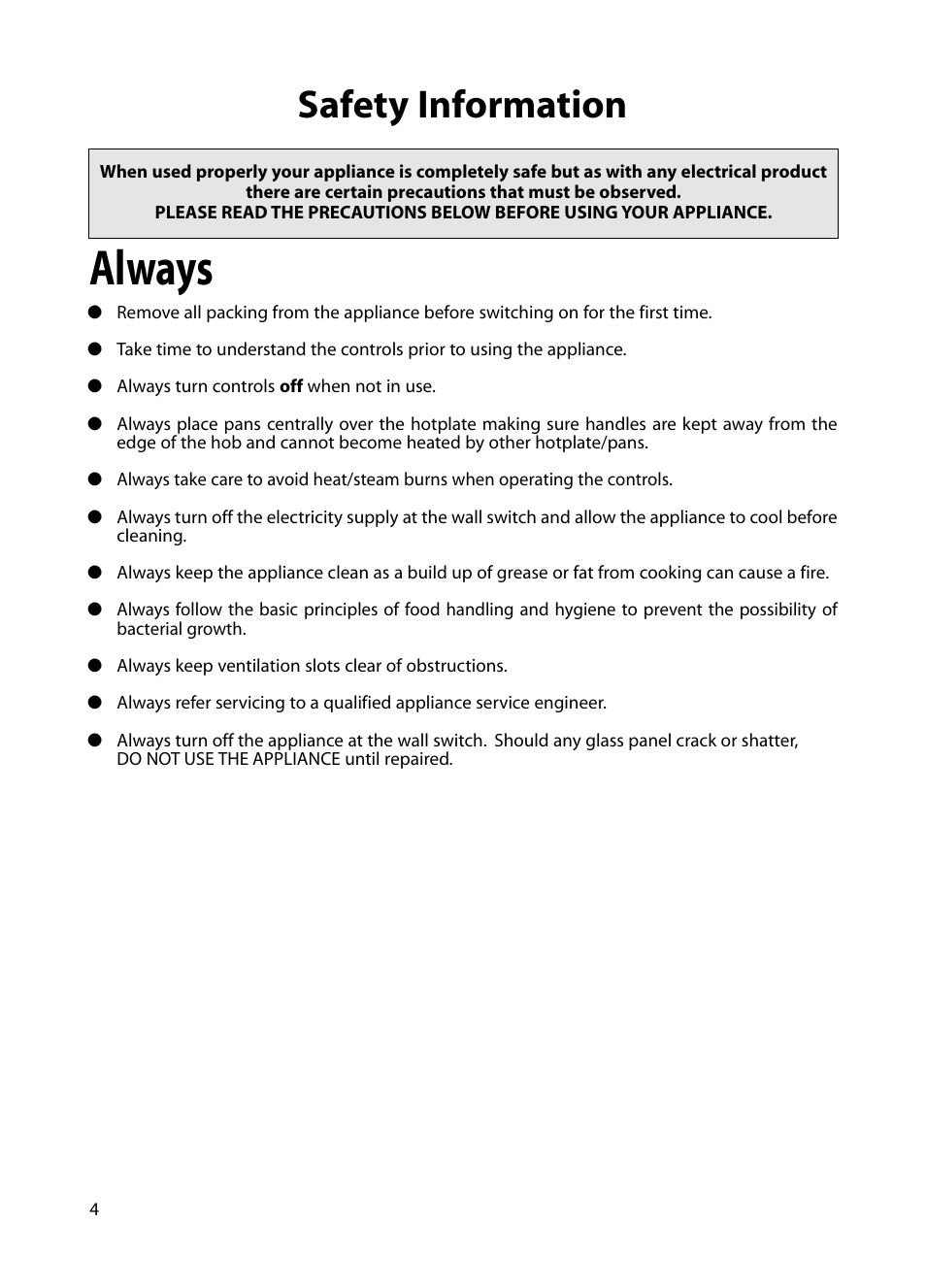 Always, Safety information | Hotpoint BE82 User Manual | Page 4 / 24