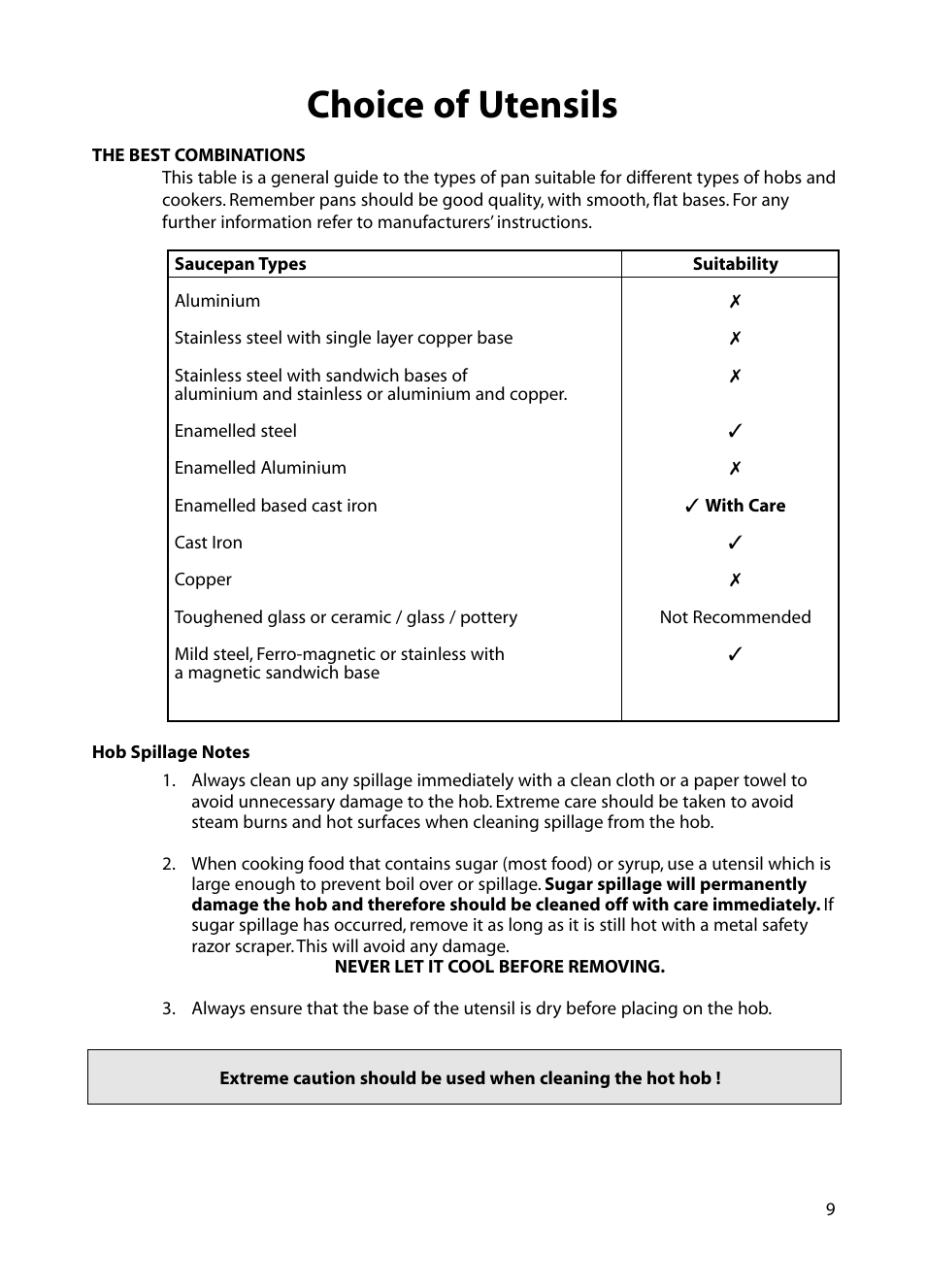 Choice of utensils | Hotpoint BE82 User Manual | Page 9 / 24