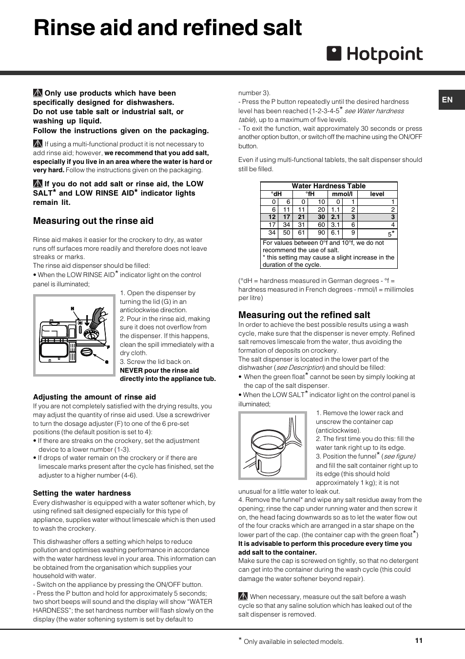 Rinse aid and refined salt, Measuring out the rinse aid, Measuring out the refined salt | Hotpoint FDD 912 User Manual | Page 11 / 20