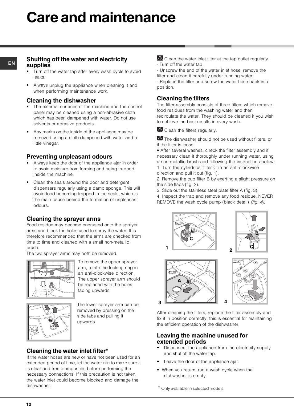 Care and maintenance, Shutting off the water and electricity supplies, Cleaning the dishwasher | Preventing unpleasant odours, Cleaning the sprayer arms, Cleaning the water inlet filter, Cleaning the filters, Leaving the machine unused for extended periods | Hotpoint FDD 912 User Manual | Page 12 / 20