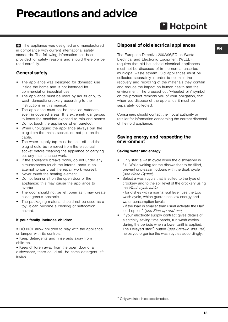 Precautions and advice | Hotpoint FDD 912 User Manual | Page 13 / 20
