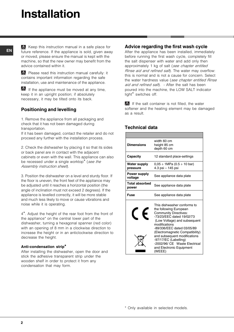 Installation, Positioning and levelling, Advice regarding the first wash cycle | Technical data | Hotpoint FDD 912 User Manual | Page 2 / 20