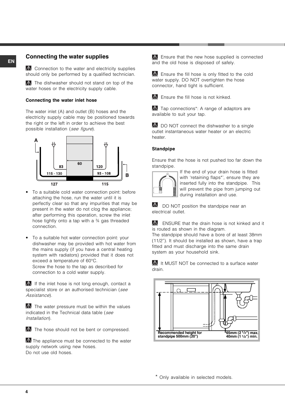 Connecting the water supplies | Hotpoint FDD 912 User Manual | Page 4 / 20