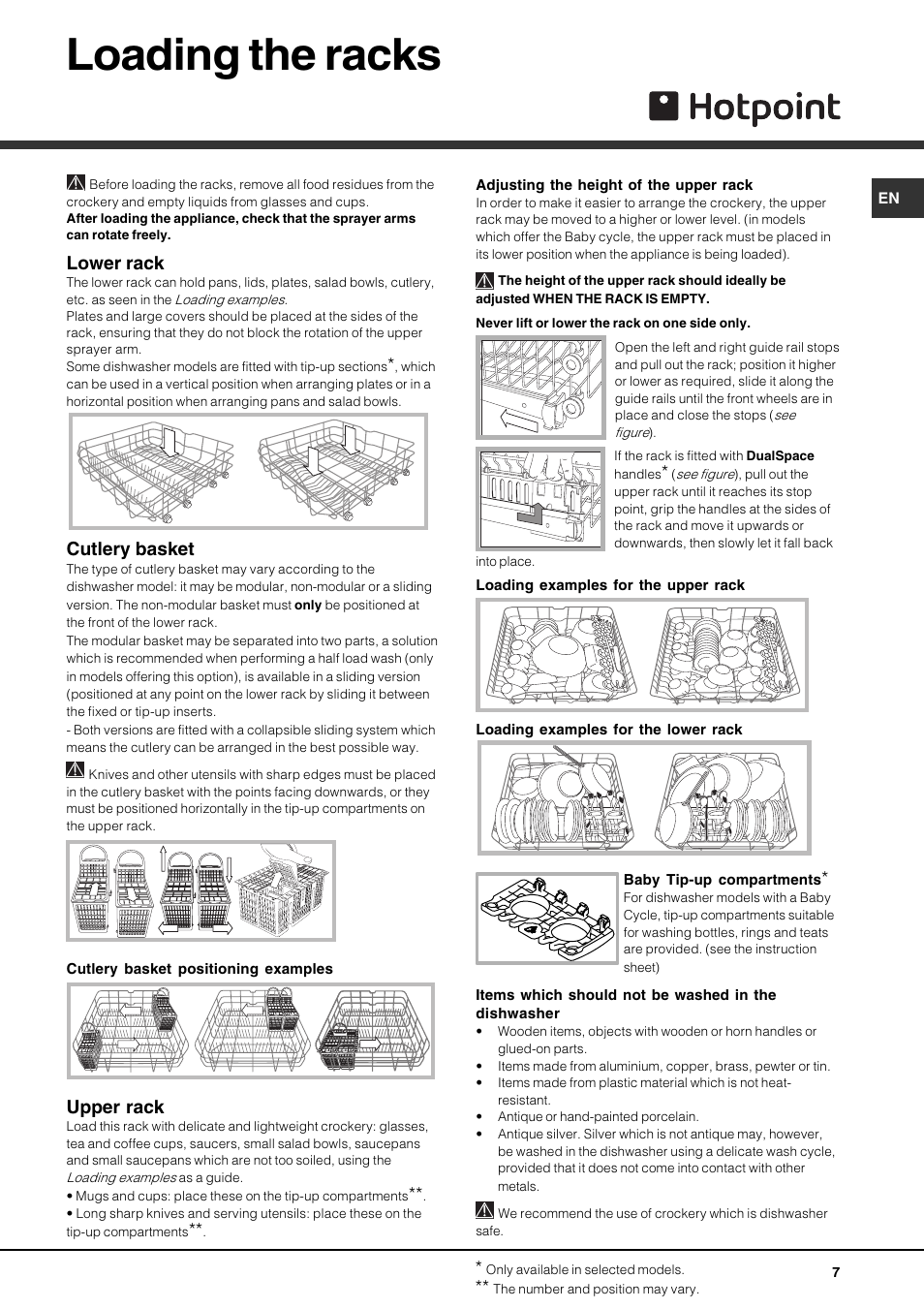 Loading the racks, Lower rack, Cutlery basket | Upper rack | Hotpoint FDD 912 User Manual | Page 7 / 20