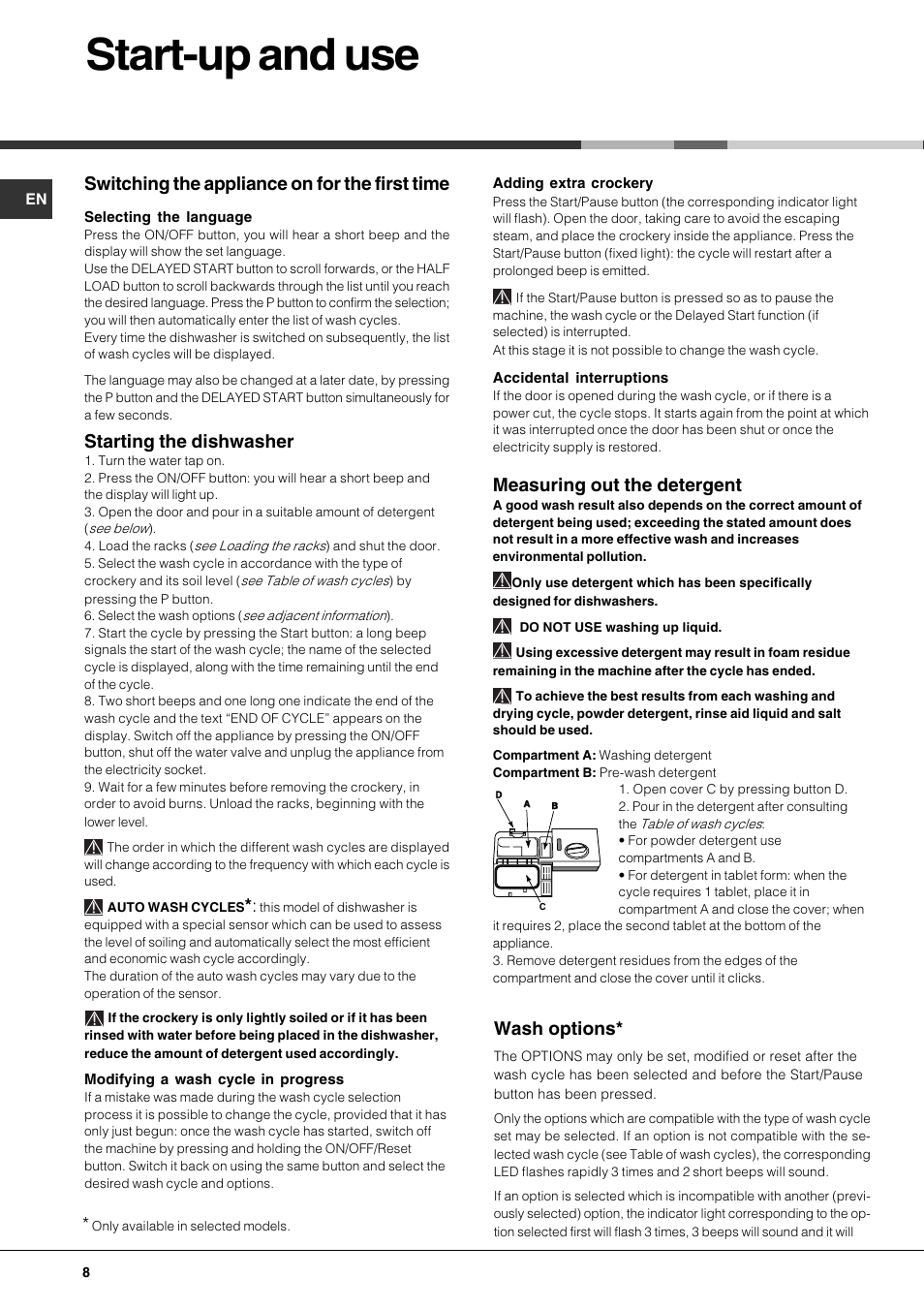 Start-up and use, Measuring out the detergent, Switching the appliance on for the first time | Starting the dishwasher, Wash options | Hotpoint FDD 912 User Manual | Page 8 / 20