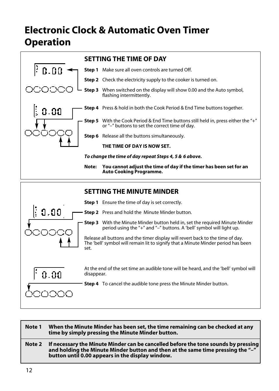 Electronic clock & automatic oven timer operation, Setting the time of day, Setting the minute minder | Hotpoint DY46 BD42 BD32 User Manual | Page 12 / 40