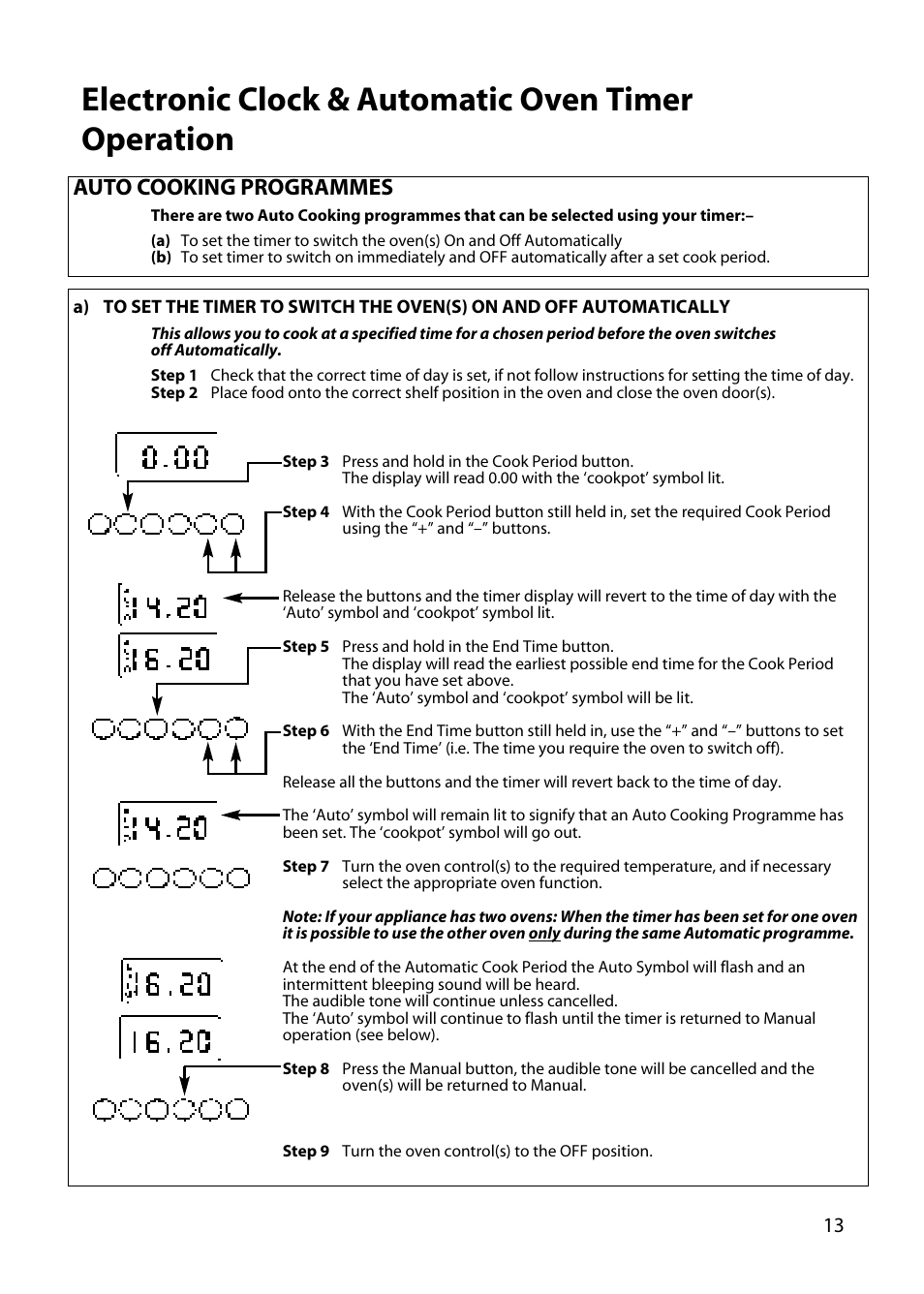 Electronic clock & automatic oven timer operation, Auto cooking programmes | Hotpoint DY46 BD42 BD32 User Manual | Page 13 / 40