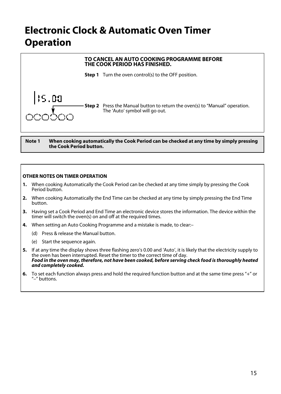 Electronic clock & automatic oven timer operation | Hotpoint DY46 BD42 BD32 User Manual | Page 15 / 40