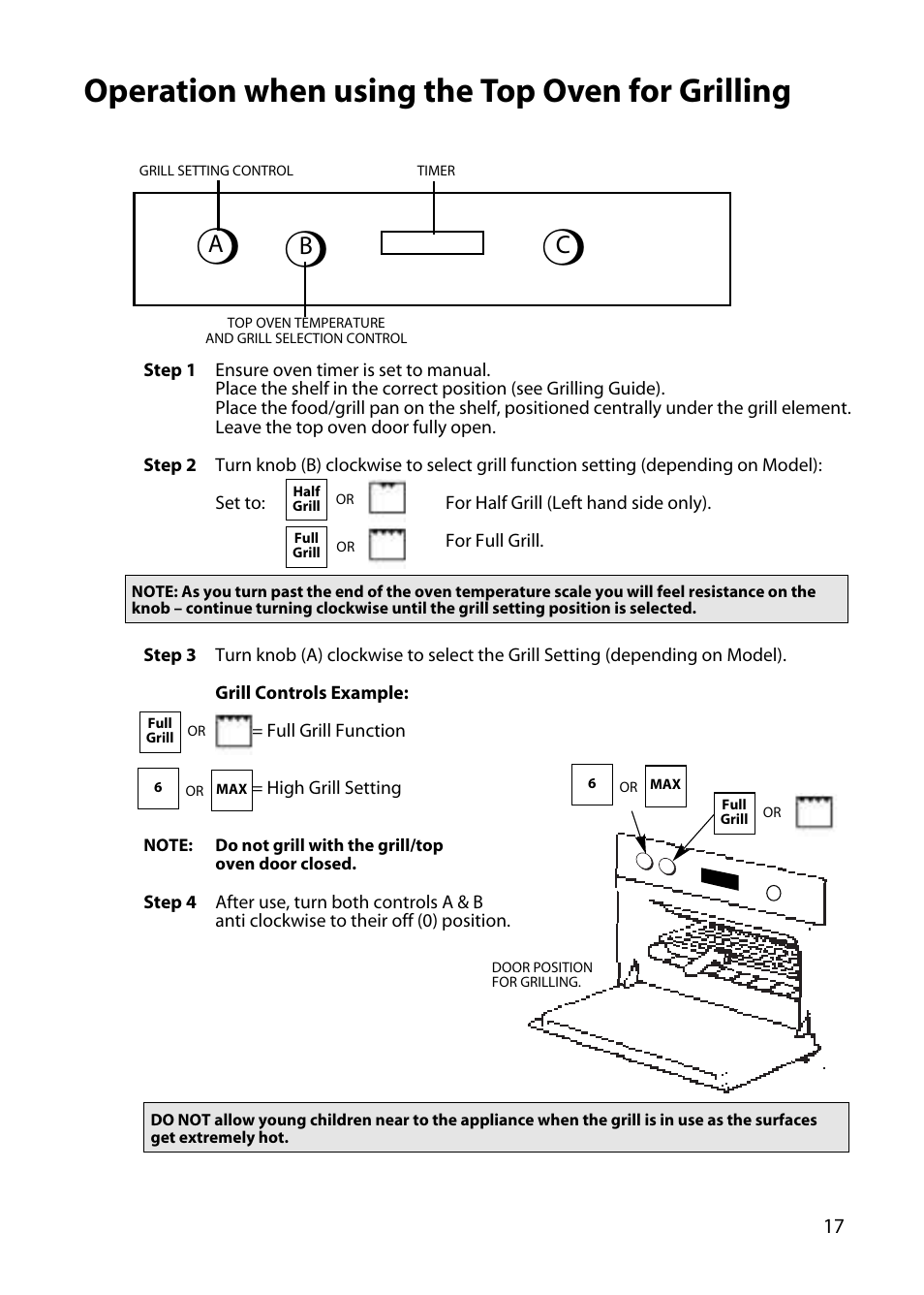 Operation when using the top oven for grilling, Ab c | Hotpoint DY46 BD42 BD32 User Manual | Page 17 / 40